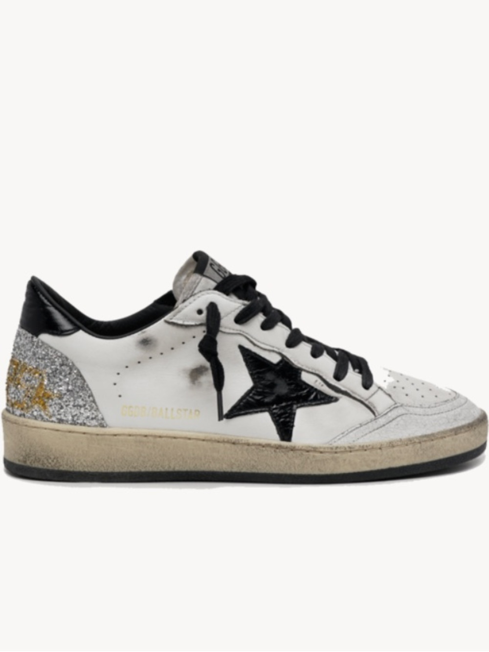 Golden Goose White Leather Ball Star Sneaker with Black Star & Silver Heel